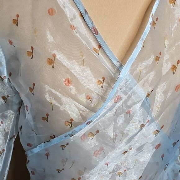 Aeryne Agathe Top Large Feuille Blue Sheer Organza Puff Sleeve Wrap Top - Picture 5 of 12